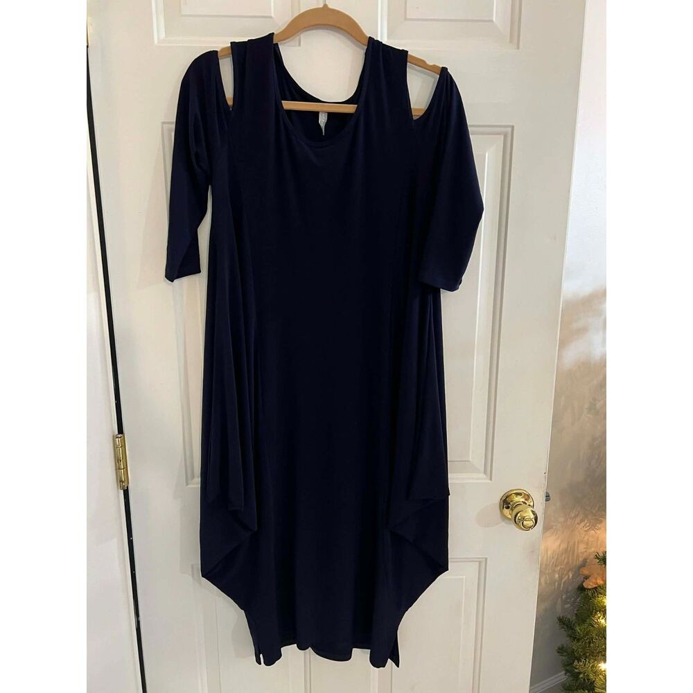 The Last Tango Navy Blue Dancing Dress Wing Floating Side Panels Cold Shoulder M